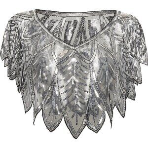 BABEYOND 1920s Silver Black Shawl Wrap Evening Cape Bridal Bolero Flapper Cover